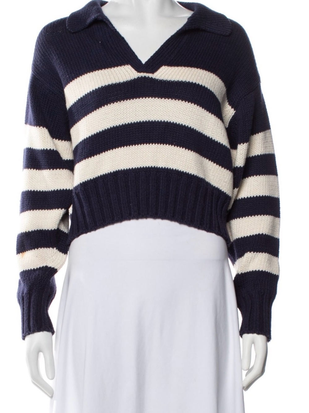 Ciao Lucia Striped Navy and Cream V-Neck Collared Women's Sweater - Small